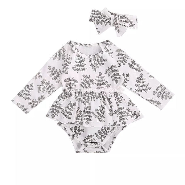 Gray Leaves Bodysuit with Bow